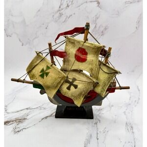 Vintage Santa Maria Wooden Ship Nautical Decor Hand Painted Hand Made 10" Length